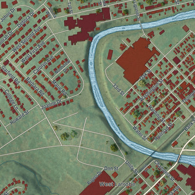 Second close-up of the map of Latrobe, Pennsylvania print showing more streets and buildings