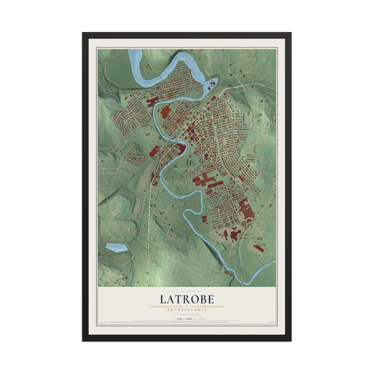 Map of Latrobe, Pennsylvania, 12 x 18 inch print in a black wood frame
