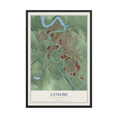 Map of Latrobe, Pennsylvania, 12 x 18 inch print in a black wood frame
