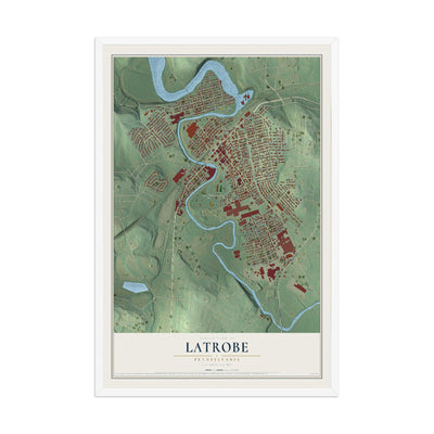 Map of Latrobe, Pennsylvania, 12 x 18 inch print in a white wood frame