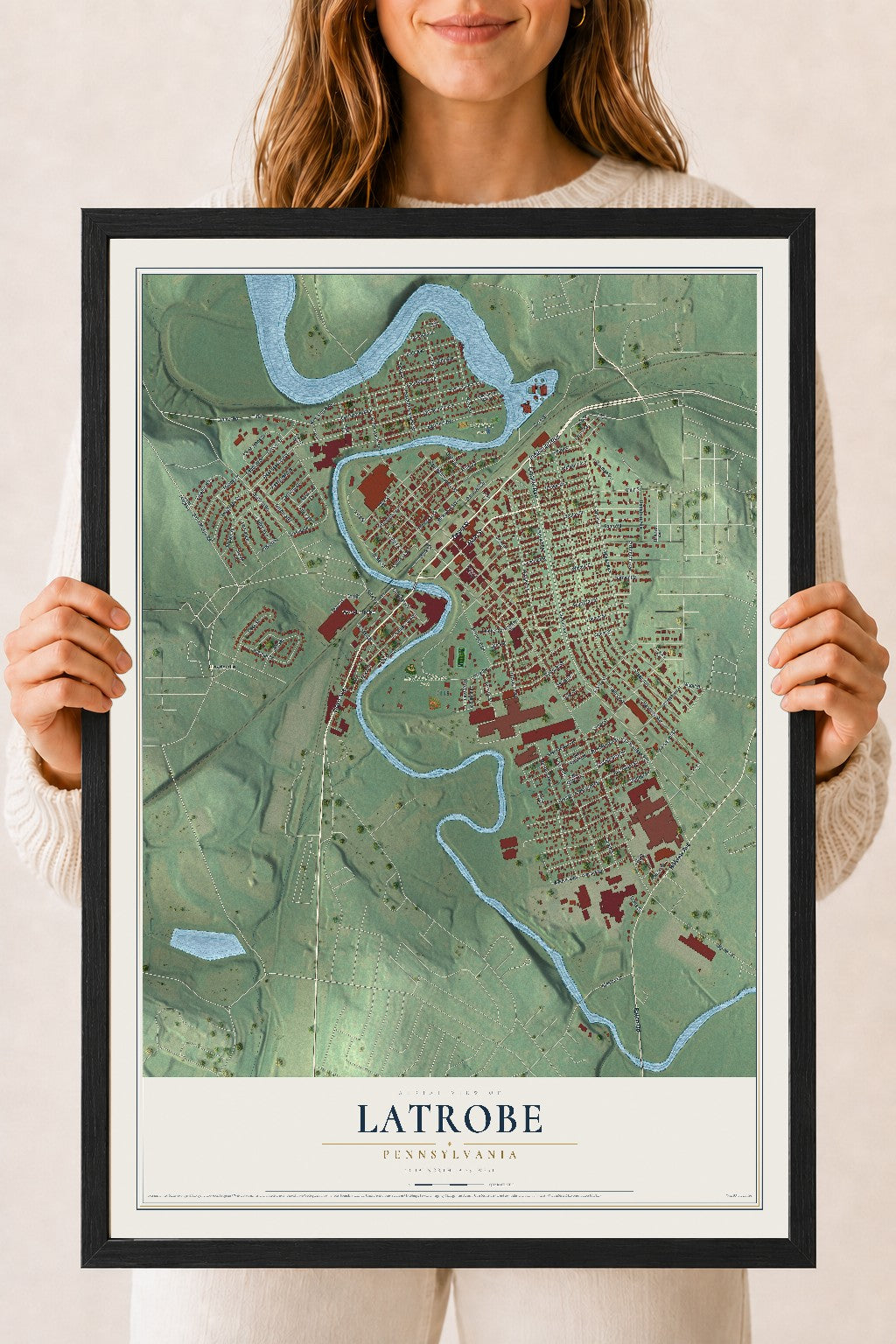 Map of Latrobe, Pennsylvania, 18 x 24 inch print in a black wood frame