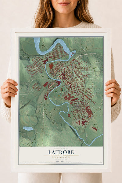 Map of Latrobe, Pennsylvania, 18 x 24 inch print in a white wood frame