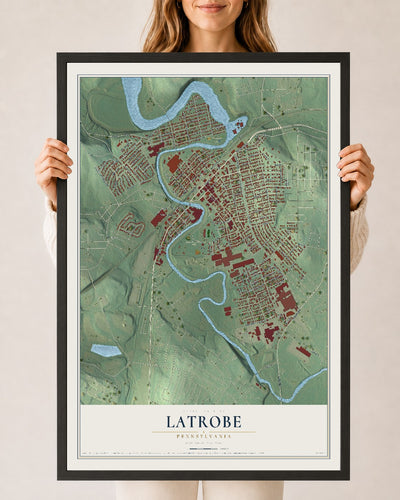 Map of Latrobe, Pennsylvania, 24 x 36 inch print in a black wood frame