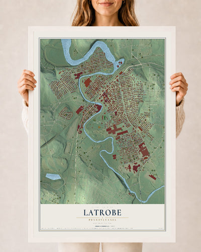 Map of Latrobe, Pennsylvania, 24 x 36 inch print in a white wood frame