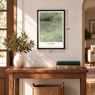 Lattimer, Pennsylvania map, 12 x 18 inch print in a black frame in an entryway