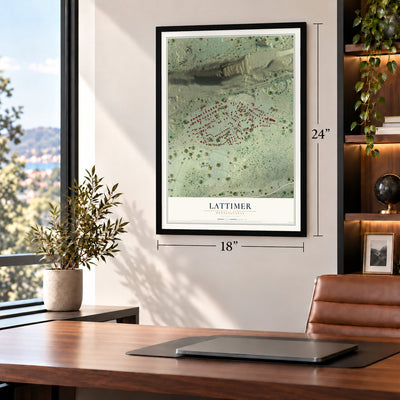 Lattimer, Pennsylvania map, 18 x 24 inch print in a black frame in a home office