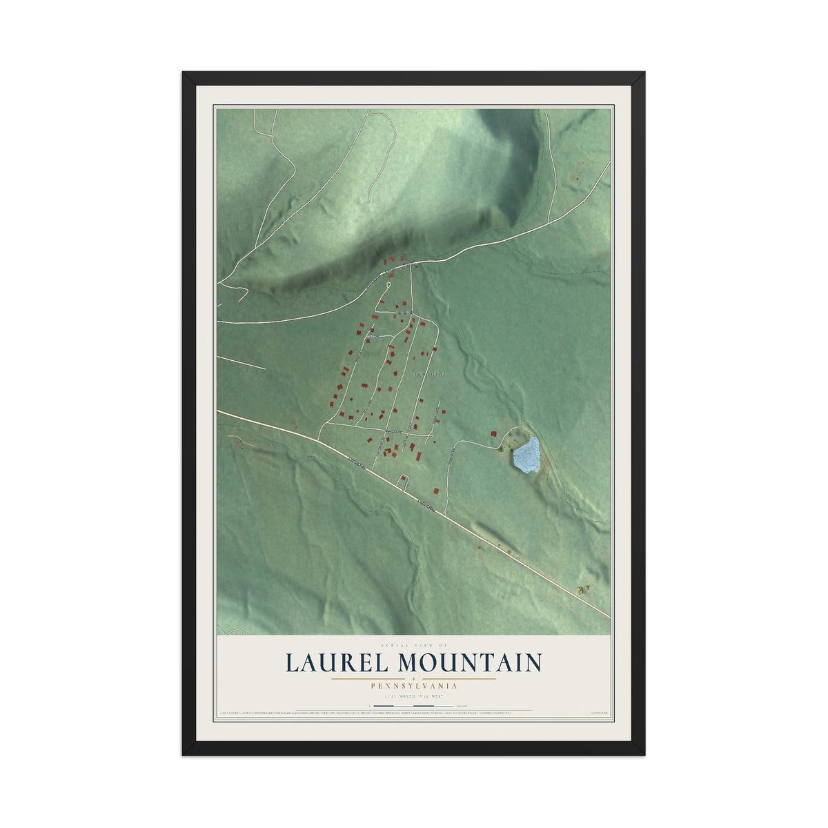 Map of Laurel Mountain, Pennsylvania, 12 x 18 inch print in a black wood frame
