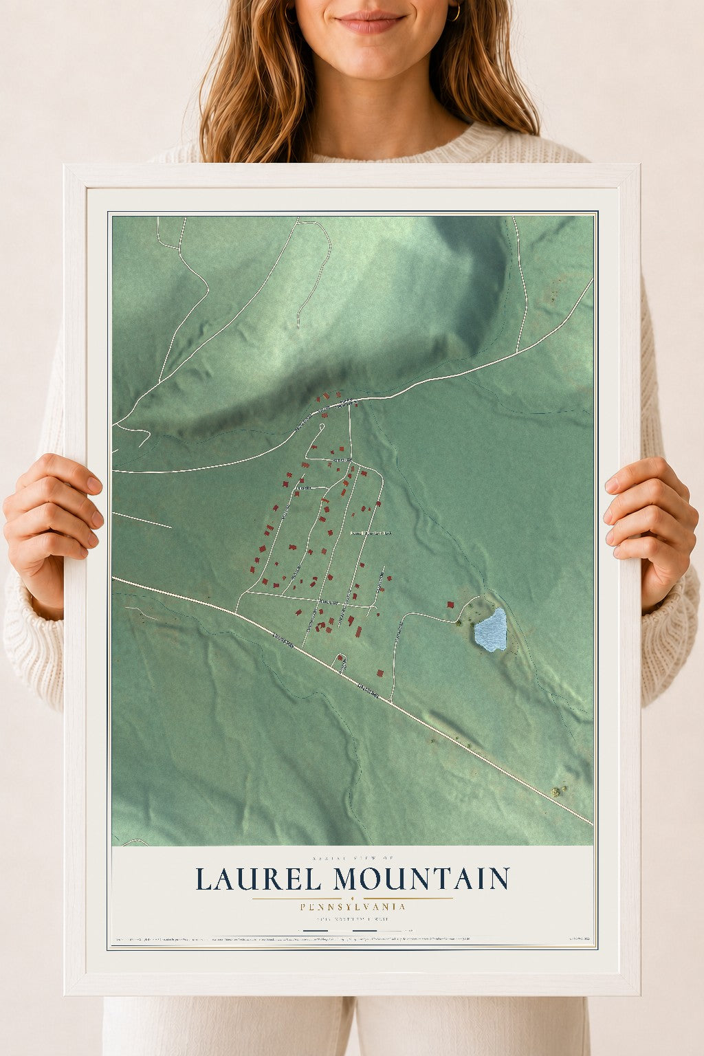 Map of Laurel Mountain, Pennsylvania, 18 x 24 inch print in a white wood frame