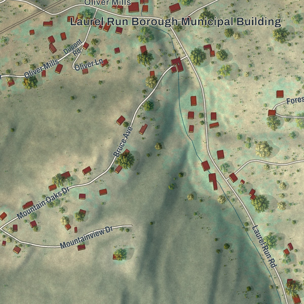 Close-up of the map of Laurel Run, Pennsylvania print showing street and building detail