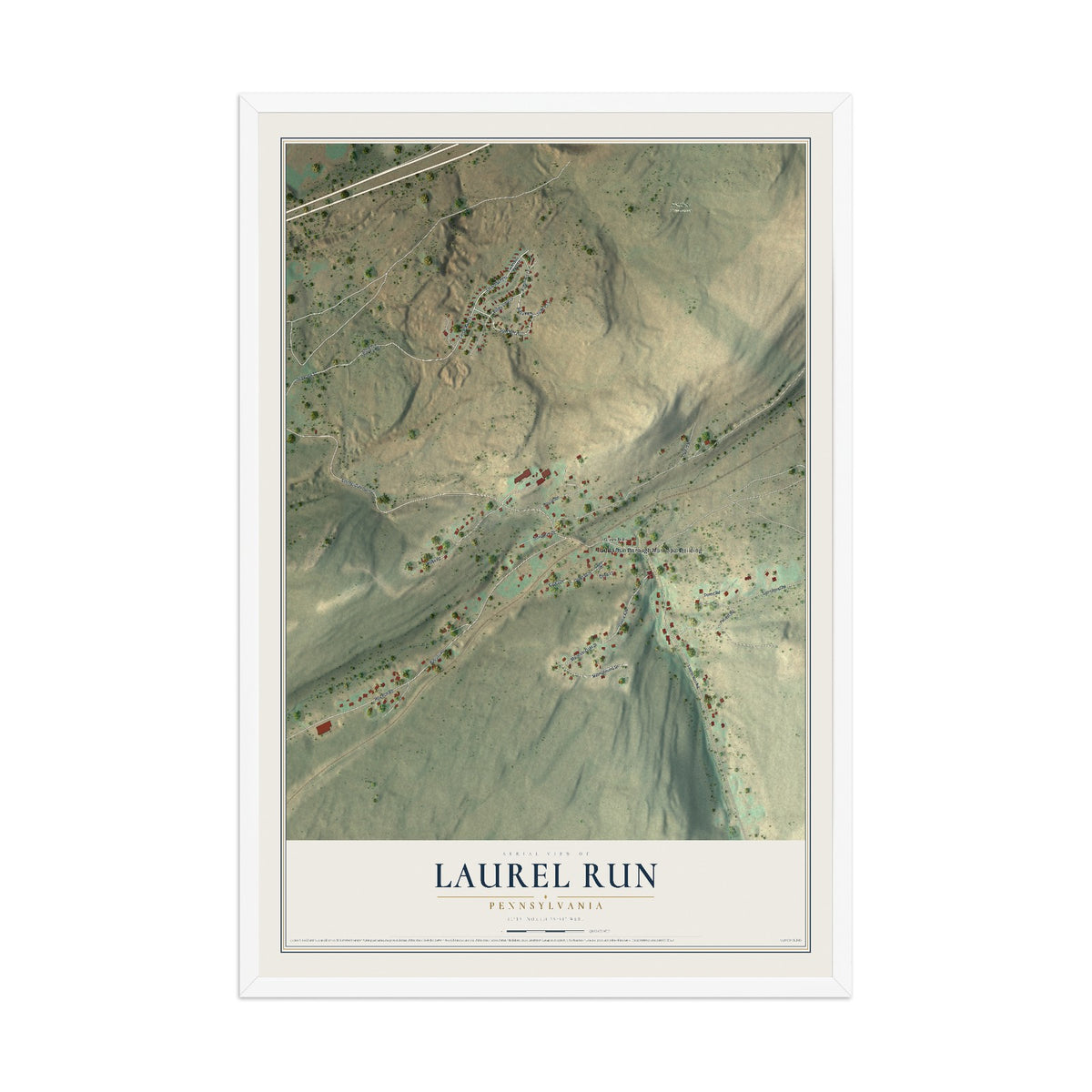 Map of Laurel Run, Pennsylvania, 12 x 18 inch print in a white wood frame