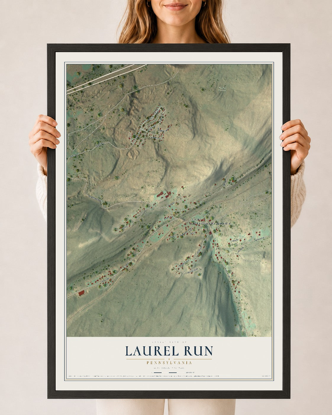 Map of Laurel Run, Pennsylvania, 24 x 36 inch print in a black wood frame