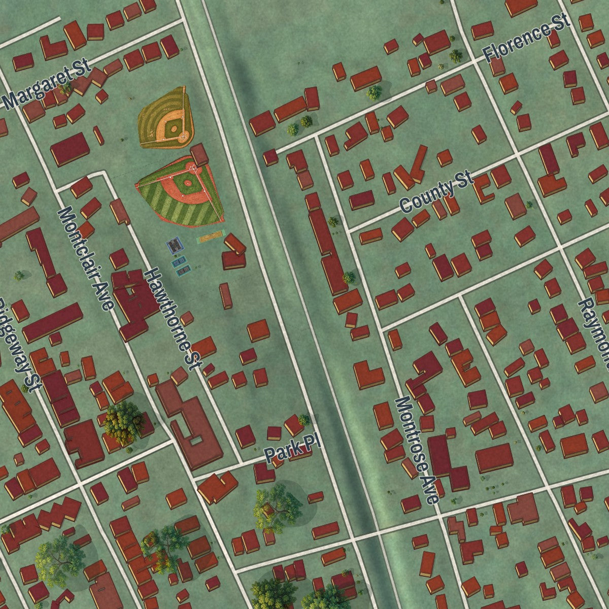 Close-up of the map of Laureldale, Pennsylvania print showing street and building detail