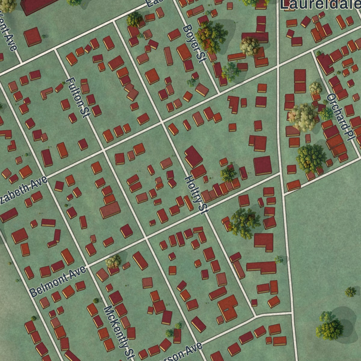 Second close-up of the map of Laureldale, Pennsylvania print showing more streets and buildings