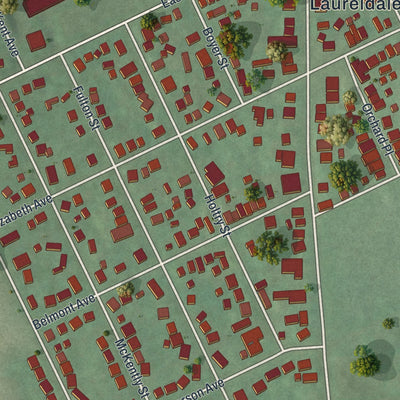 Second close-up of the map of Laureldale, Pennsylvania print showing more streets and buildings