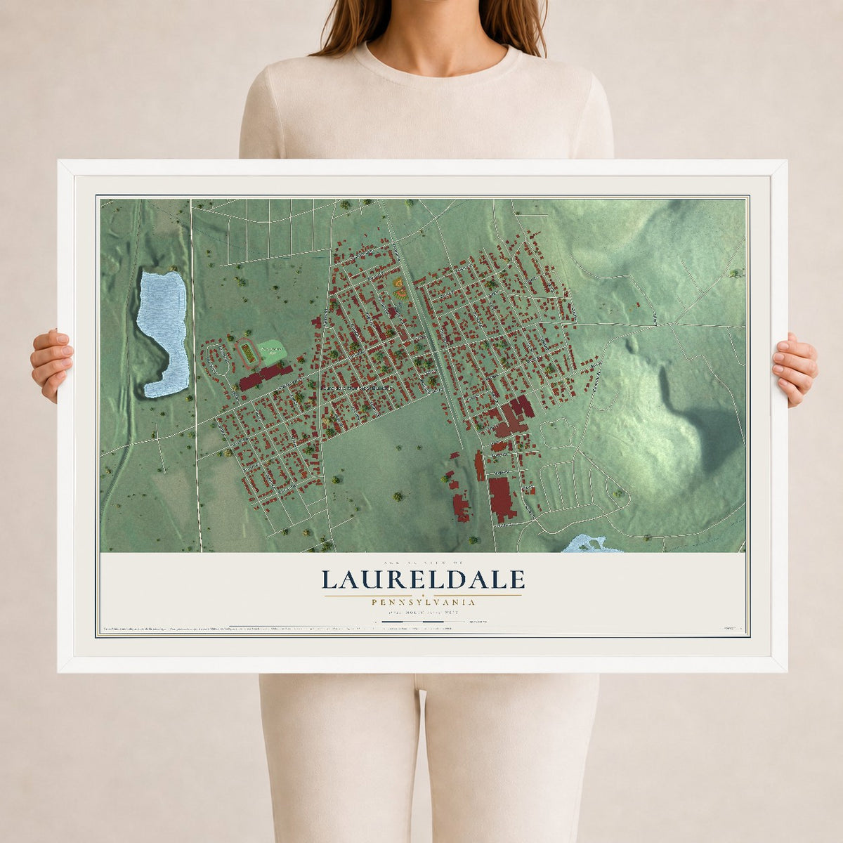 Map of Laureldale, Pennsylvania, 24 x 36 inch print in a white wood frame