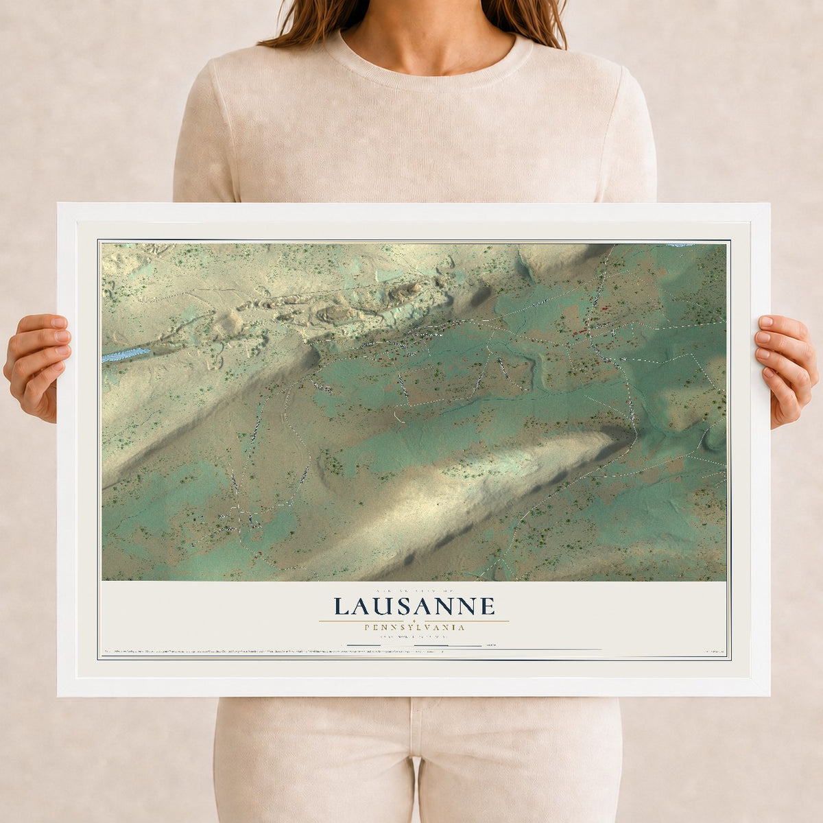Map of Lausanne, Pennsylvania, 12 x 18 inch print in a white wood frame