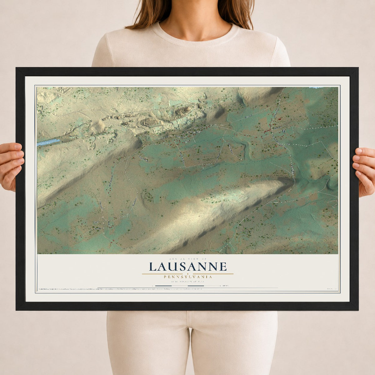 Map of Lausanne, Pennsylvania, 18 x 24 inch print in a black wood frame