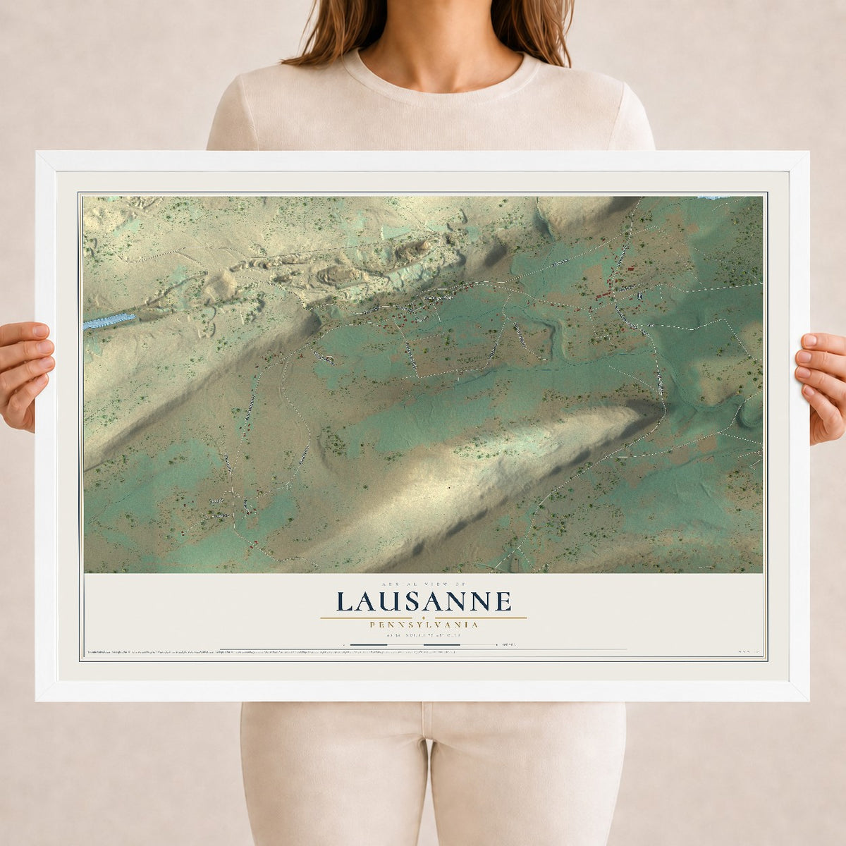 Map of Lausanne, Pennsylvania, 18 x 24 inch print in a white wood frame