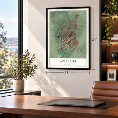 Lawncrest, Pennsylvania map, 18 x 24 inch print in a black frame in a home office