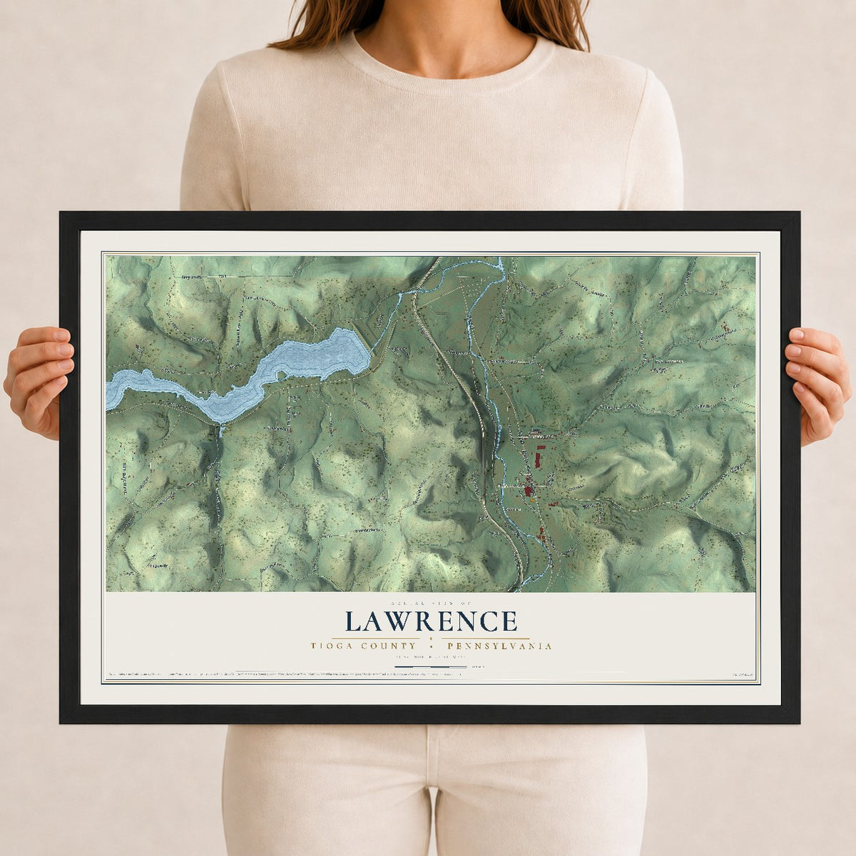 Map of Lawrence, Tioga County, Pennsylvania, 12 x 18 inch print in a black wood frame