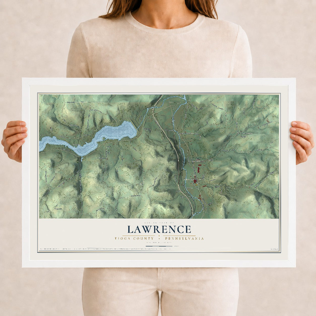 Map of Lawrence, Tioga County, Pennsylvania, 12 x 18 inch print in a white wood frame