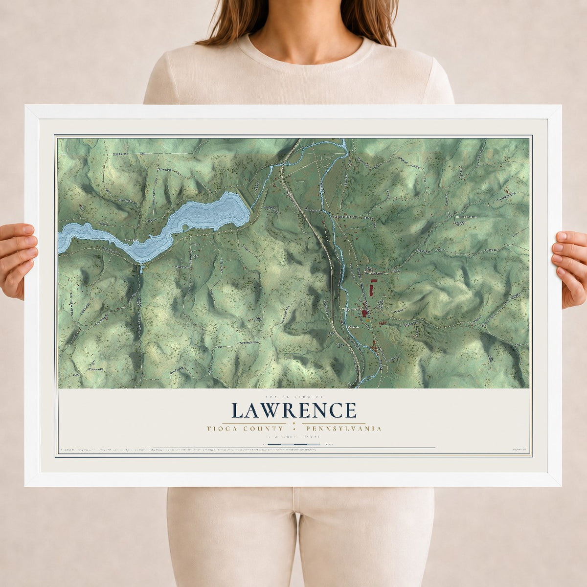 Map of Lawrence, Tioga County, Pennsylvania, 18 x 24 inch print in a white wood frame