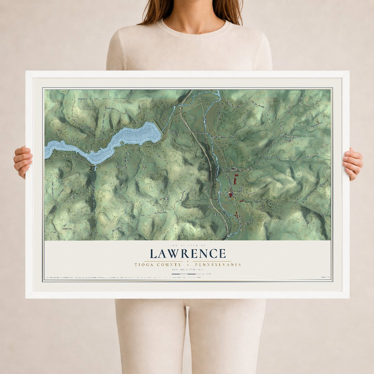 Map of Lawrence, Tioga County, Pennsylvania, 24 x 36 inch print in a white wood frame