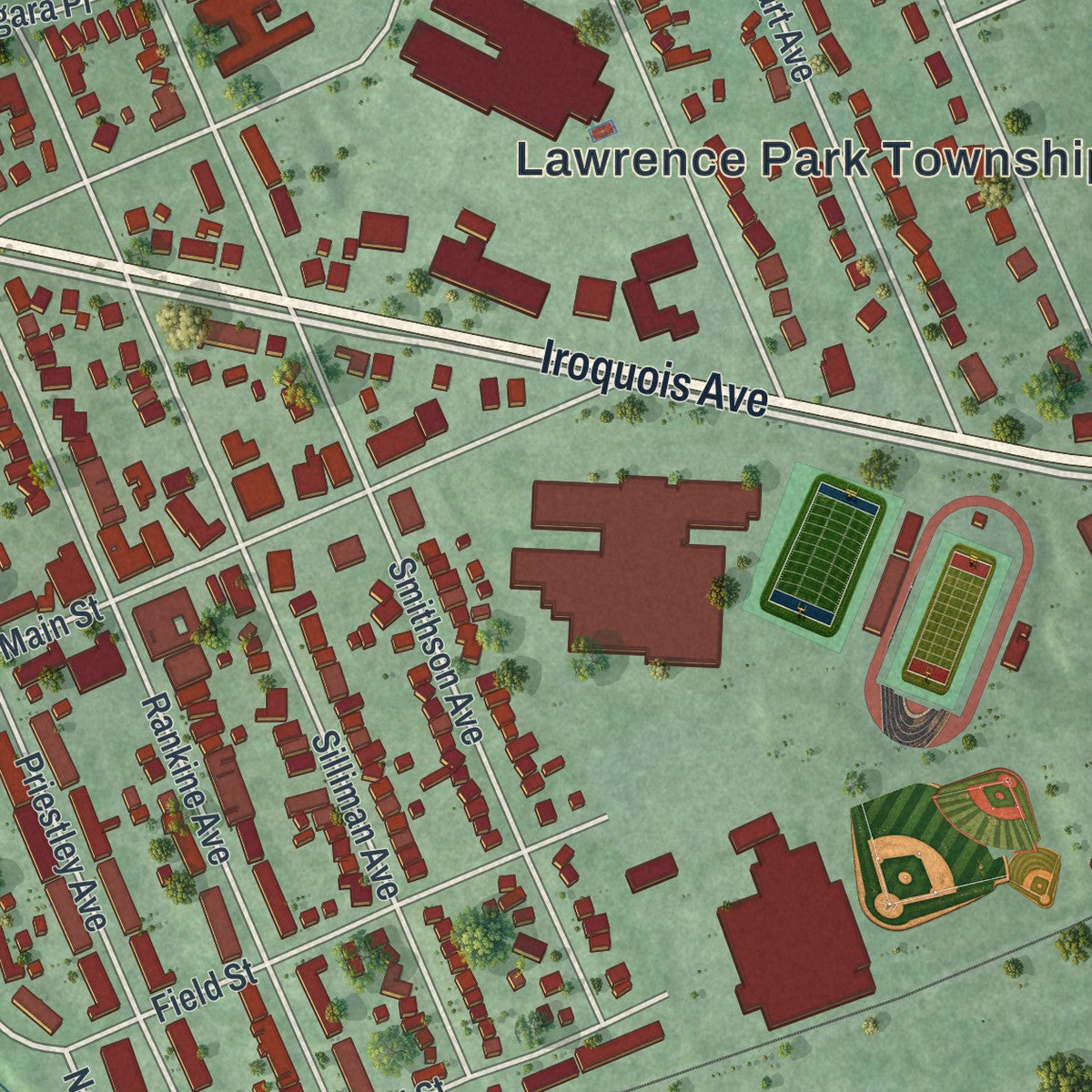 Close-up of the map of Lawrence Park, Pennsylvania print showing street and building detail