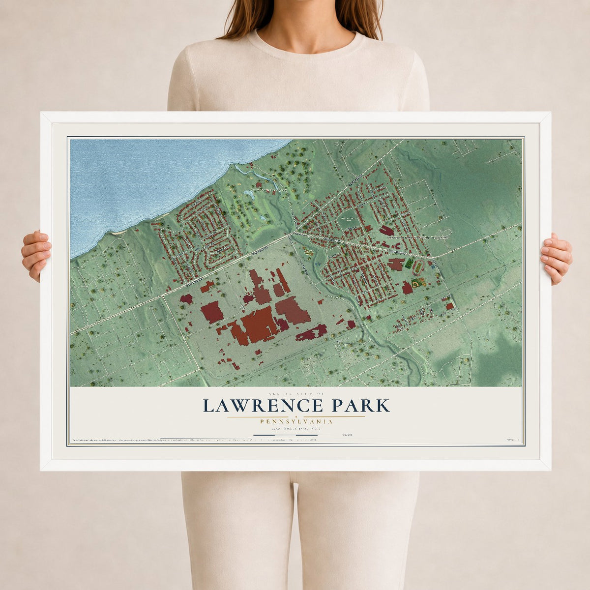 Map of Lawrence Park, Pennsylvania, 24 x 36 inch print in a white wood frame