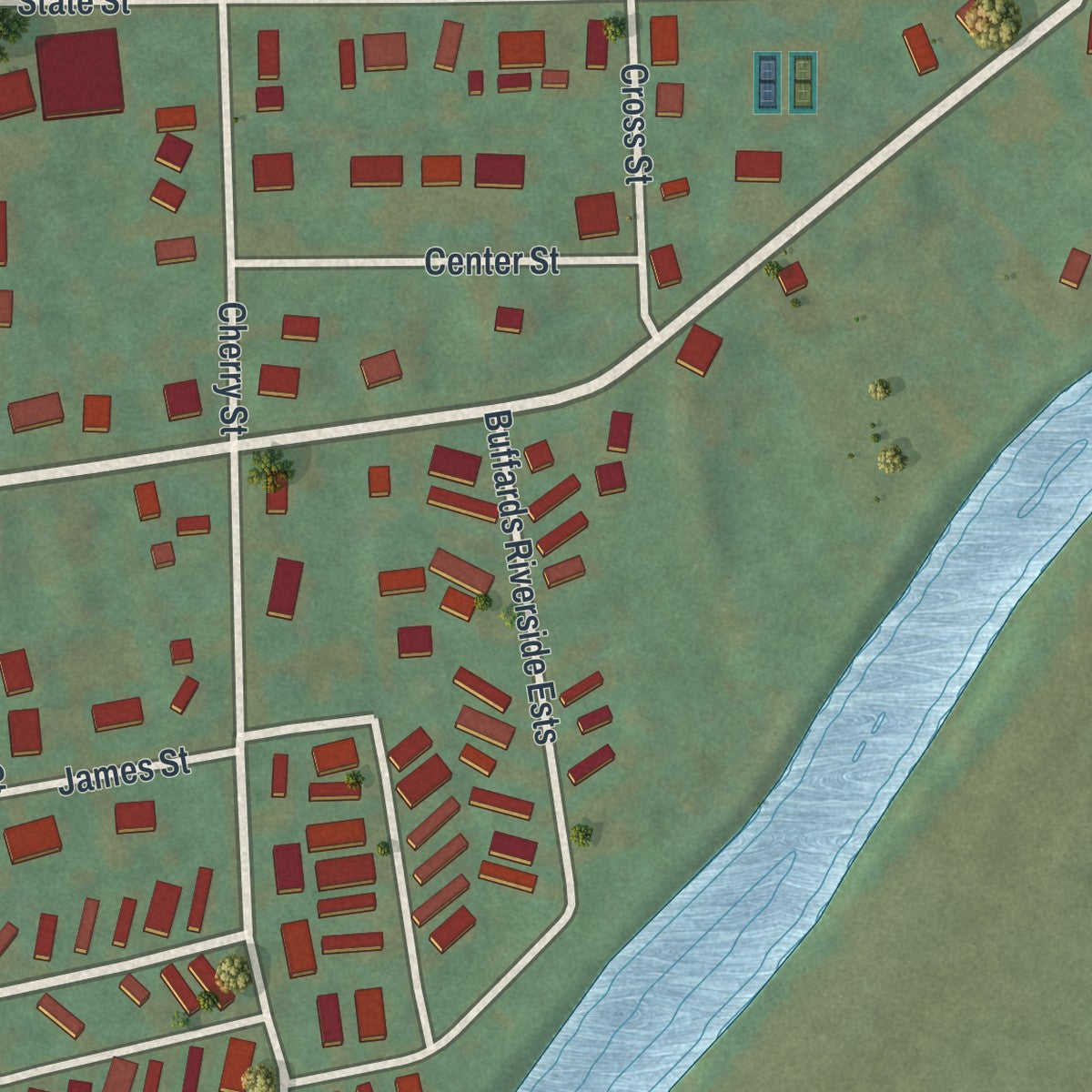 Close-up of the map of Lawrenceville, Pennsylvania print showing street and building detail