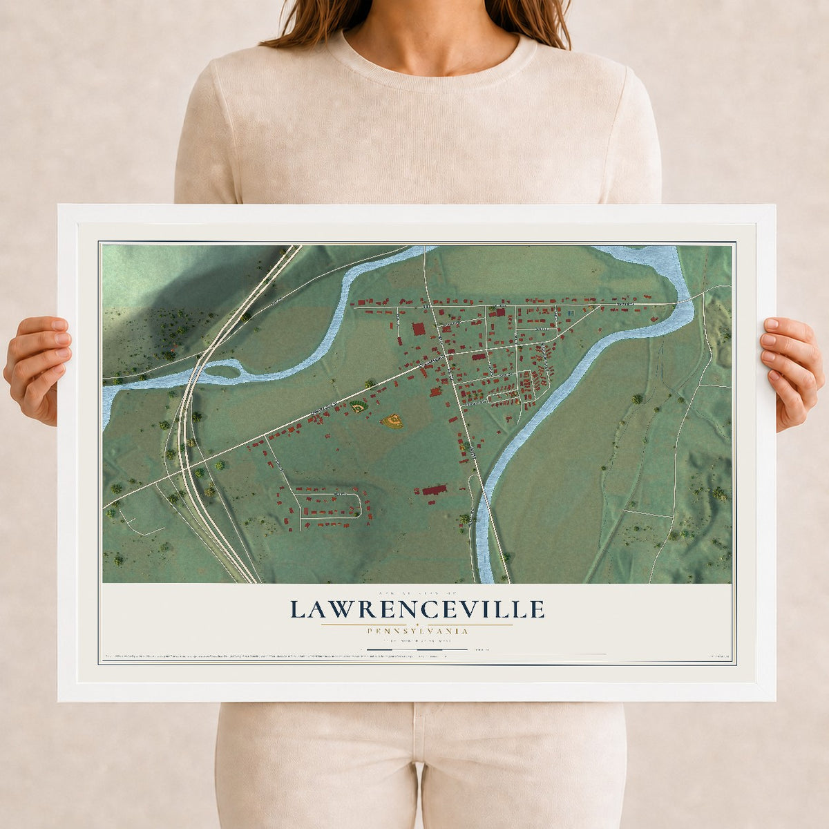 Map of Lawrenceville, Pennsylvania, 12 x 18 inch print in a white wood frame