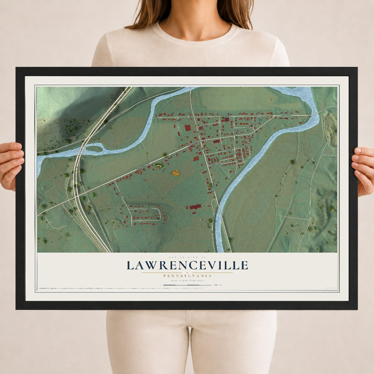 Map of Lawrenceville, Pennsylvania, 18 x 24 inch print in a black wood frame