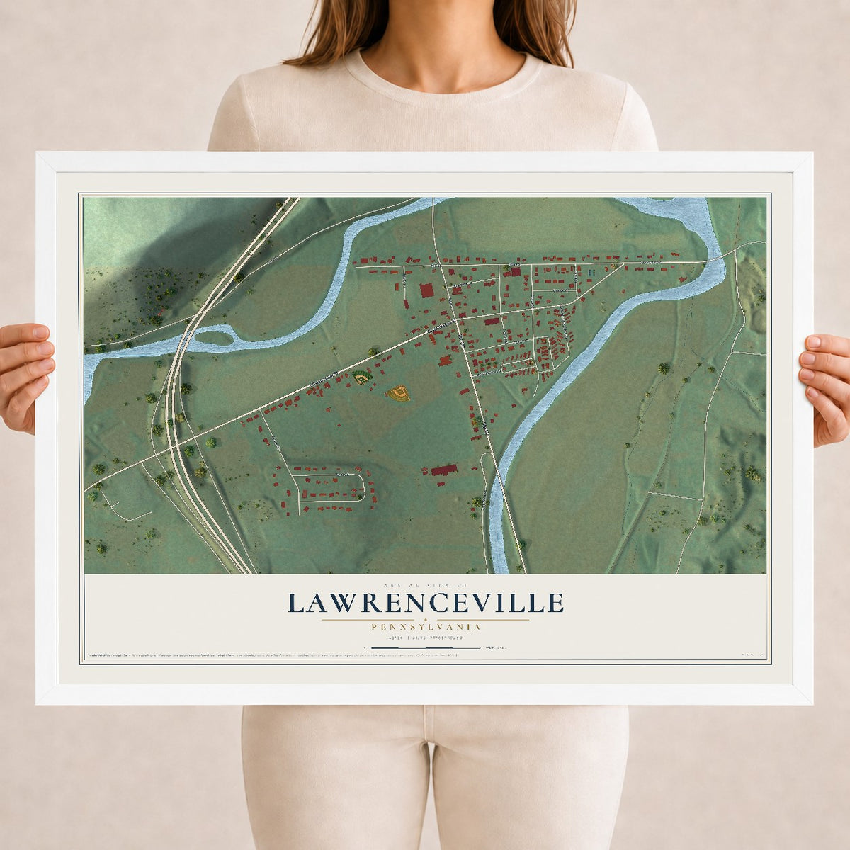 Map of Lawrenceville, Pennsylvania, 18 x 24 inch print in a white wood frame