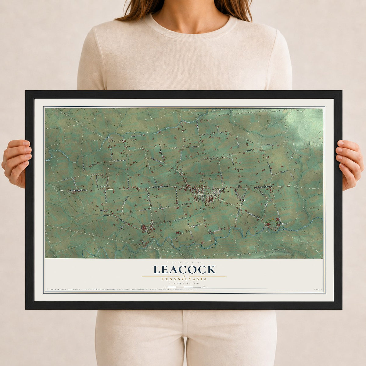 Map of Leacock, Pennsylvania, 12 x 18 inch print in a black wood frame