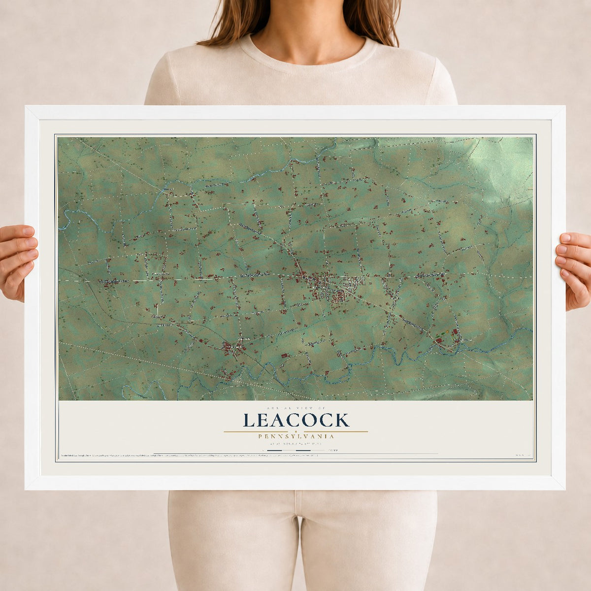 Map of Leacock, Pennsylvania, 18 x 24 inch print in a white wood frame