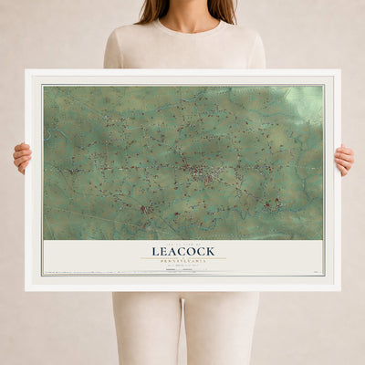 Map of Leacock, Pennsylvania, 24 x 36 inch print in a white wood frame
