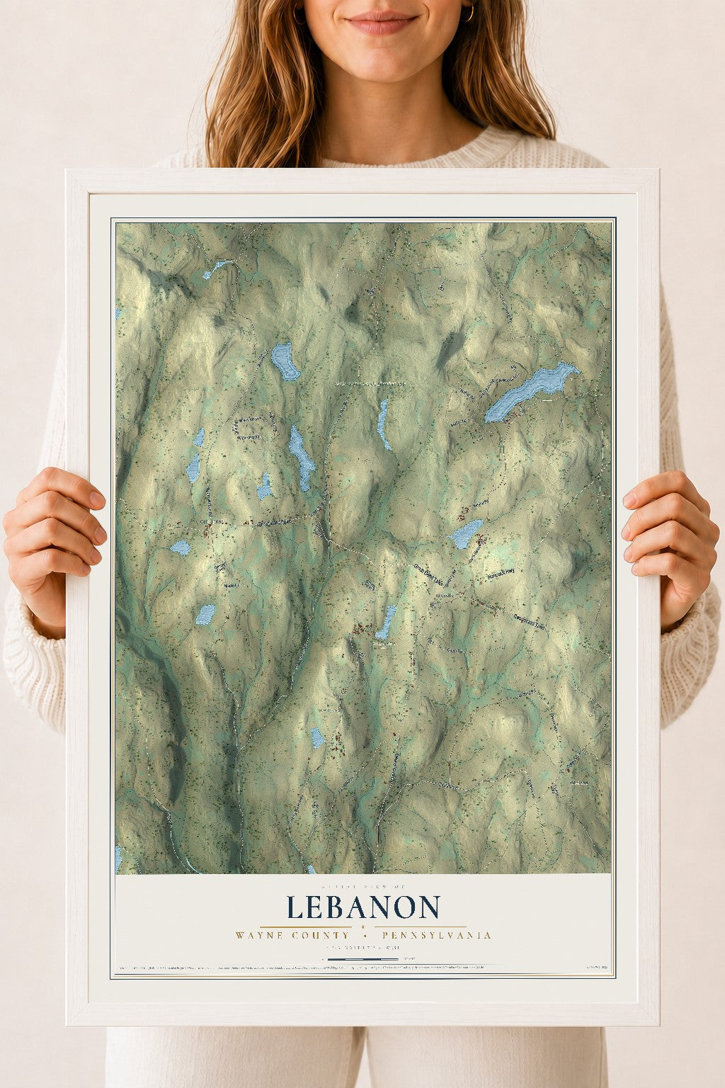 Map of Lebanon, Wayne County, Pennsylvania, 18 x 24 inch print in a white wood frame