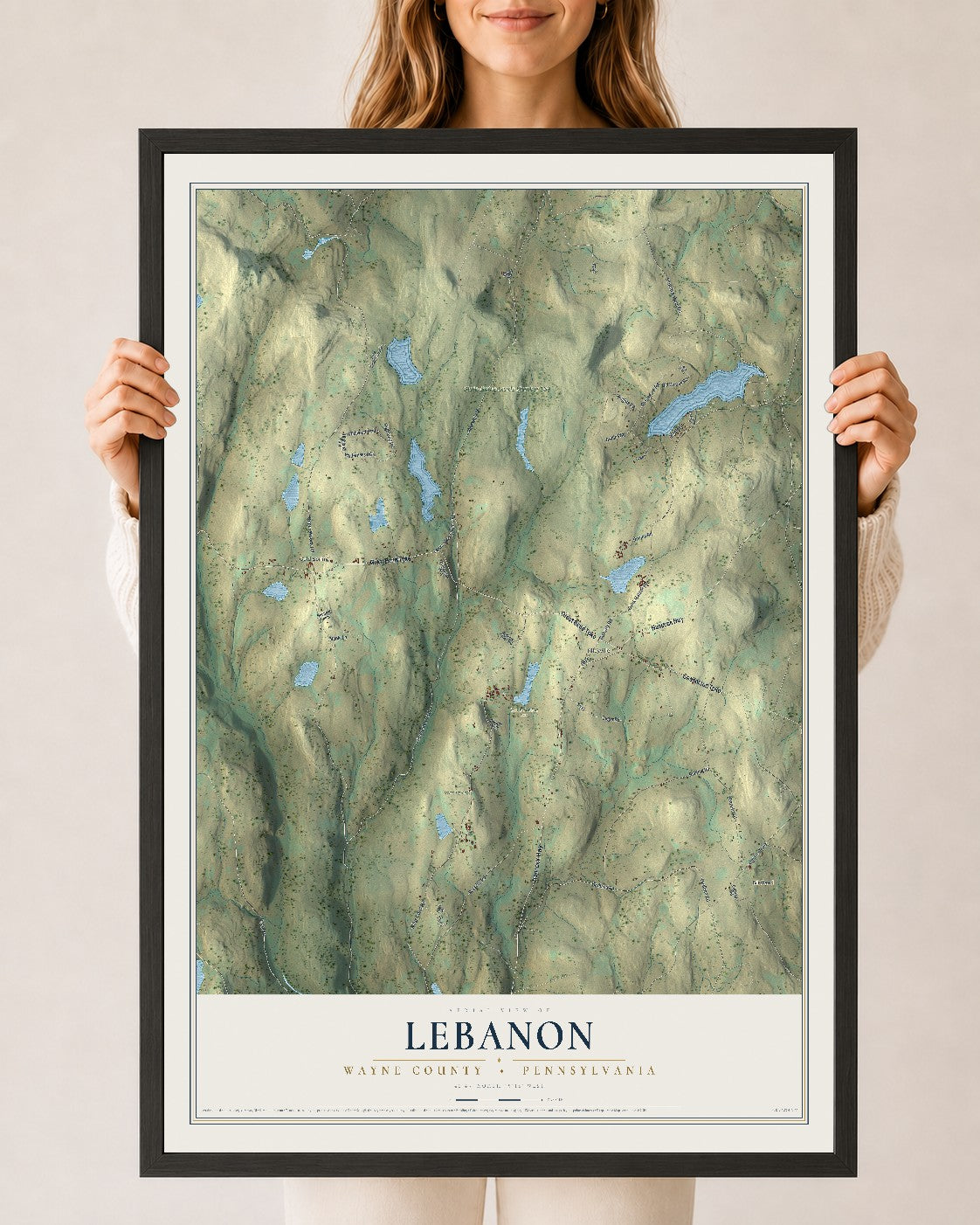 Map of Lebanon, Wayne County, Pennsylvania, 24 x 36 inch print in a black wood frame
