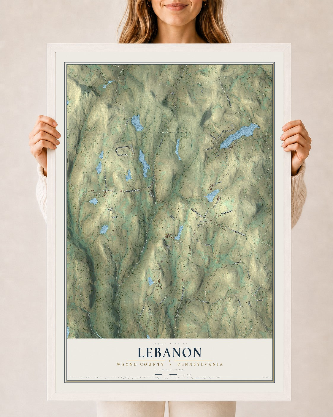 Map of Lebanon, Wayne County, Pennsylvania, 24 x 36 inch print in a white wood frame