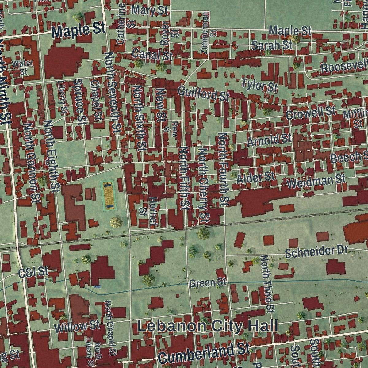 Close-up of the map of Lebanon, Lebanon County, Pennsylvania print showing street and building detail