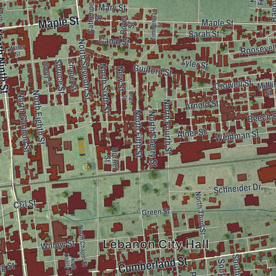 Close-up of the map of Lebanon, Lebanon County, Pennsylvania print showing street and building detail