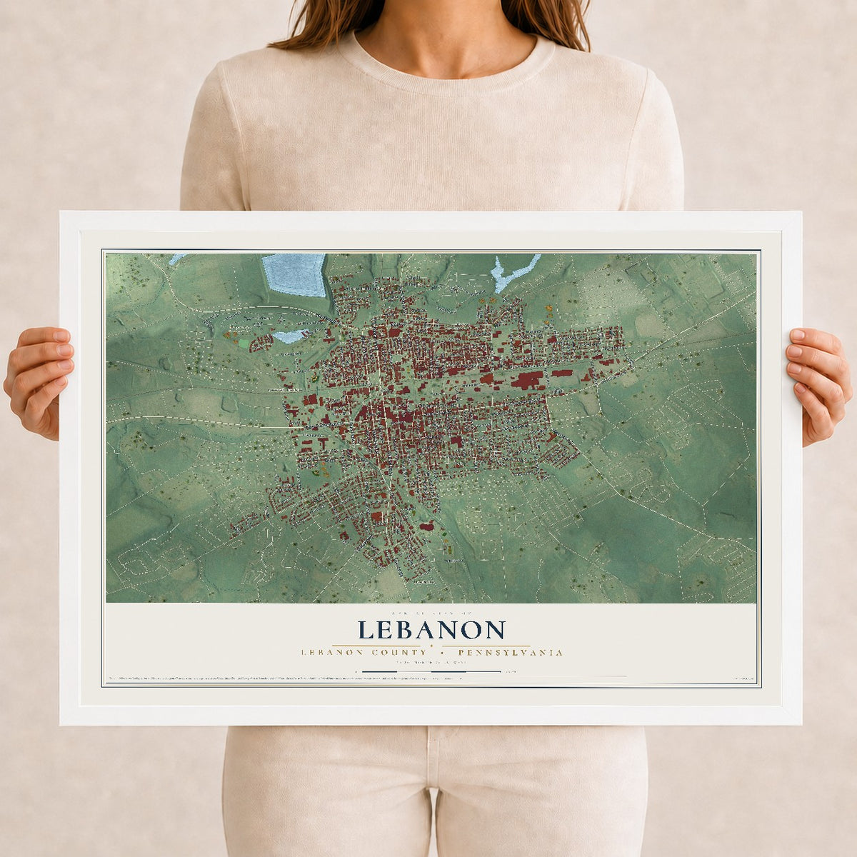 Map of Lebanon, Lebanon County, Pennsylvania, 12 x 18 inch print in a white wood frame