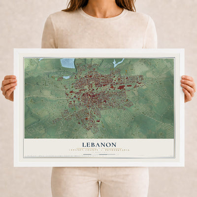 Map of Lebanon, Lebanon County, Pennsylvania, 12 x 18 inch print in a white wood frame
