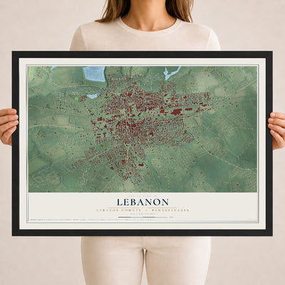 Map of Lebanon, Lebanon County, Pennsylvania, 18 x 24 inch print in a black wood frame