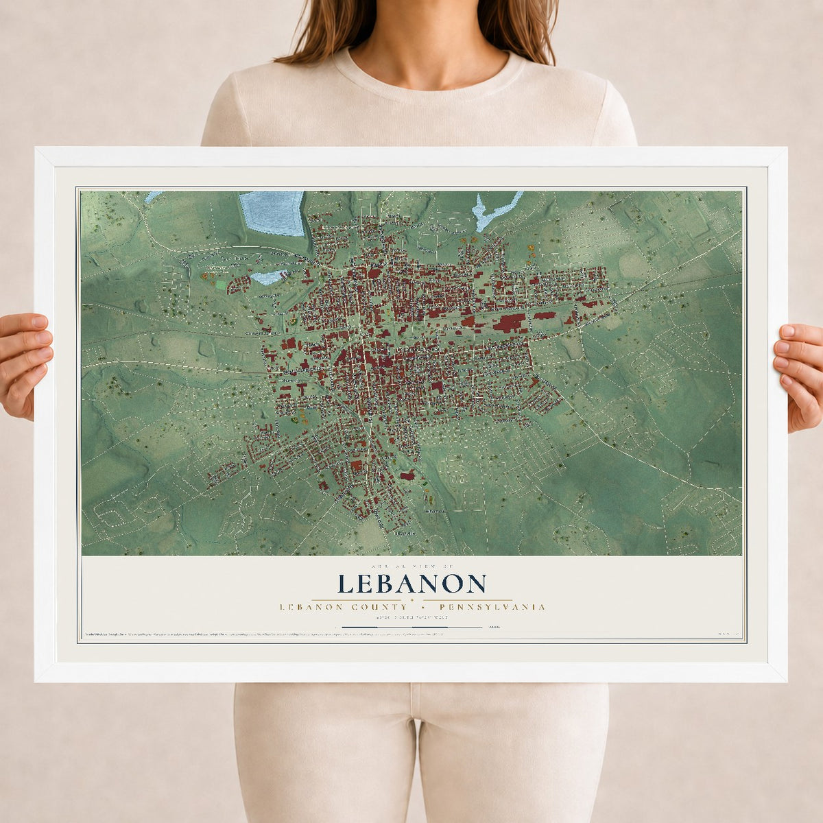 Map of Lebanon, Lebanon County, Pennsylvania, 18 x 24 inch print in a white wood frame