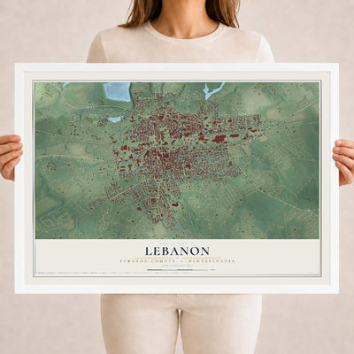 Map of Lebanon, Lebanon County, Pennsylvania, 18 x 24 inch print in a white wood frame