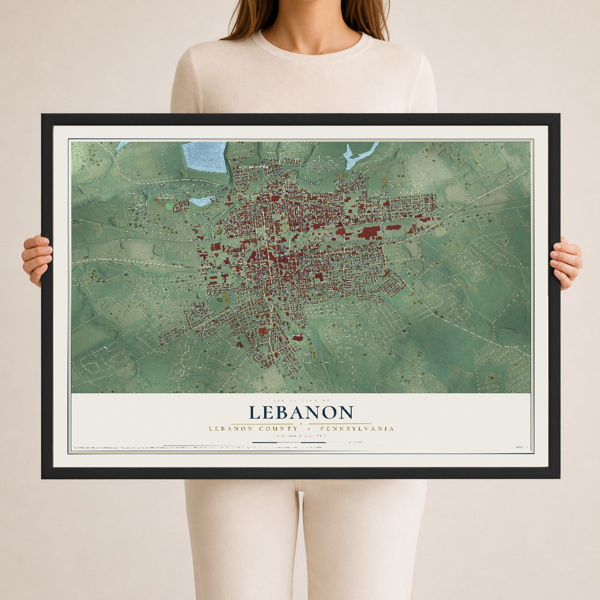 Map of Lebanon, Lebanon County, Pennsylvania, 24 x 36 inch print in a black wood frame