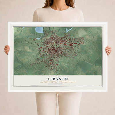 Map of Lebanon, Lebanon County, Pennsylvania, 24 x 36 inch print in a white wood frame