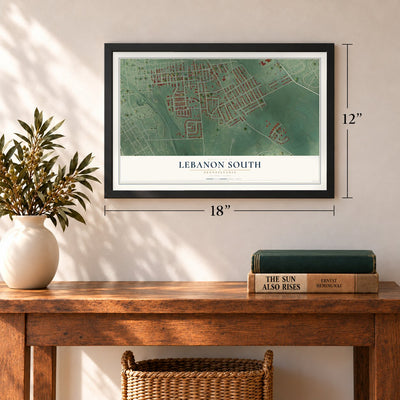 Lebanon South, Pennsylvania map, 12 x 18 inch print in a black frame in an entryway