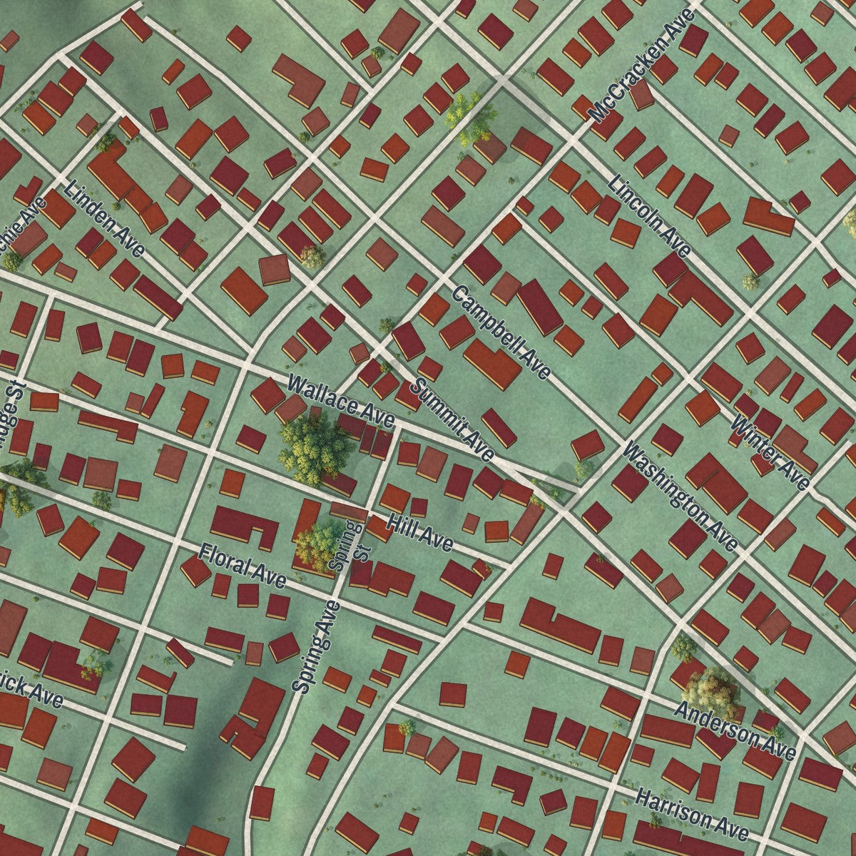 Close-up of the map of Leechburg, Pennsylvania print showing street and building detail